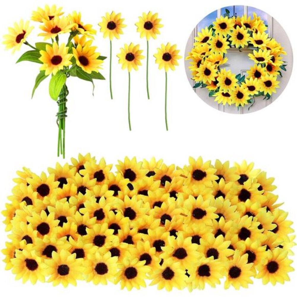 50 Pieces Mini Artificial Sunflower Heads w/ Iron Wire for Home Party Decoration